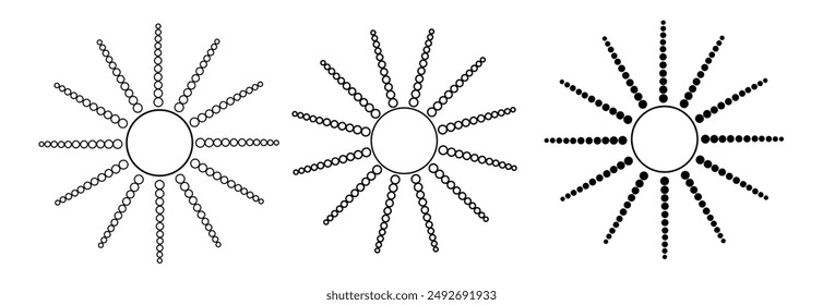 Dot radial circle lines. Circular radiating speed geometric lines. Sun star rays symbol. Abstract halftone striped design element. Motion lines. Vector illustration isolated on white background.
