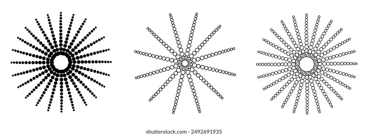 Dot radial circle lines. Circular radiating speed geometric lines. Sun star rays symbol. Abstract halftone striped design element. Motion lines. Vector illustration isolated on white background.