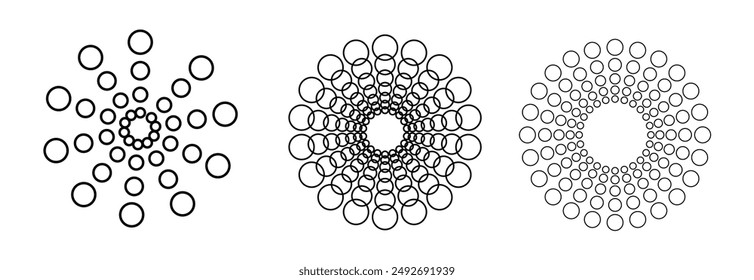 Puntear líneas de círculo radial. Líneas geométricas circulares de velocidad de radiación. Símbolo de los rayos solares. Abstractas elemento de diseño de rayas de semitonos. Líneas de movimiento. Ilustración vectorial aislada sobre fondo blanco.