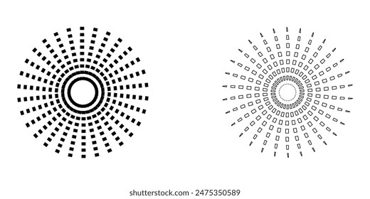 Dot radial circle lines. Sun star rays symbol. Abstract halftone striped design element. Motion lines. Vector illustration. Eps file 184.