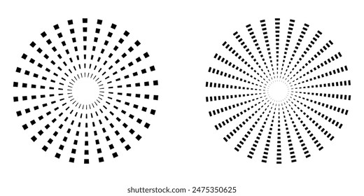 Dot radial circle lines. Sun star rays symbol. Abstract halftone striped design element. Motion lines. Vector illustration. Eps file 182.