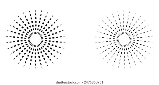 Dot radial circle lines. Sun star rays symbol. Abstract halftone striped design element. Motion lines. Vector illustration. Eps file 183.