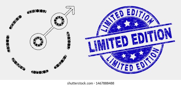Dot radial escape border mosaic pictogram and Limited Edition stamp. Blue vector rounded distress stamp with Limited Edition phrase. Vector combination in flat style.