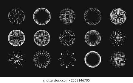 Dot radial pattern halftone fractals, downloads circular dots progress motion, vector icons design elements.