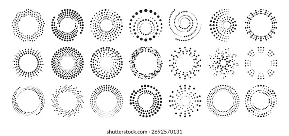 Dot radial ripple halftone patterns with circular gradients and wave effects. Black various geometric textures for print design, backgrounds or modern abstract compositions on white surface.