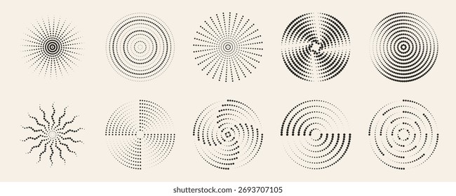 Patrones de ondulación radial de puntos con círculos concéntricos y formaciones en espiral sobre fondo beige. Diseños geométricos punteados en negro con texturas semitonales. Abstractas efectos de movimiento circular minimalista.