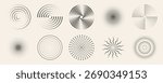 Dot radial ripple patterns set with circular geometric shapes for modern design elements. Black concentric rings and dotted spirals on beige background. Abstract burst forms with lines or points.