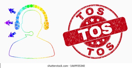 Dot rainbow gradated radio operator mosaic icon and Tos seal. Red vector round grunge seal with Tos title. Vector combination in flat style.