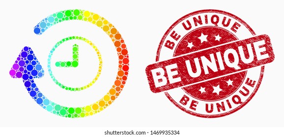 Dot rainbow gradated rotate clockwise mosaic icon and Be Unique stamp. Red vector round distress stamp with Be Unique message. Vector combination in flat style.