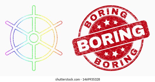 Dot rainbow gradated ship rule wheel mosaic icon and Boring seal. Red vector rounded scratched seal stamp with Boring caption. Vector composition in flat style.