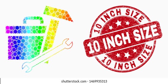 Dot rainbow gradated toolbox mosaic icon and 10 Inch Size seal stamp. Red vector rounded distress stamp with 10 Inch Size text. Vector combination in flat style.