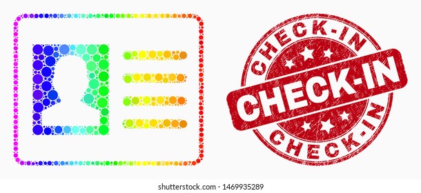 Dot rainbow gradated user card mosaic pictogram and Check-In seal. Red vector round grunge seal with Check-In text. Vector combination in flat style.d