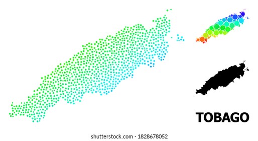 Dot rainbow gradient, and monochrome map of Tobago Island, and black name. Vector structure is created from map of Tobago Island with spheres. Abstraction is useful for geographic templates.