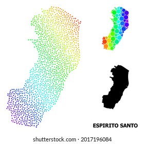 Dot rainbow gradient, and solid map of Espirito Santo State, and black text. Vector model is created from map of Espirito Santo State with circles. Template is useful for geographic templates.