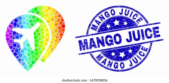 Dot rainbow gradiented airport map markers mosaic icon and Mango Juice seal stamp. Blue vector round scratched seal with Mango Juice phrase. Vector combination in flat style.