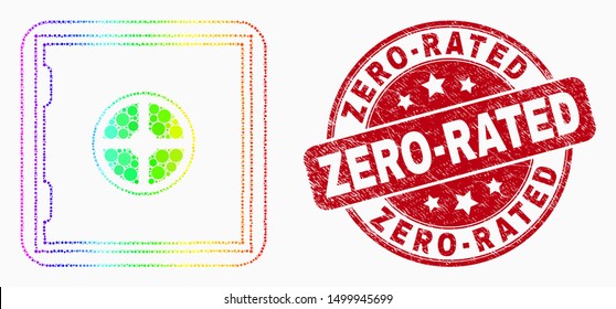 Dot rainbow gradiented banking safe mosaic icon and Zero-Rated watermark. Red vector rounded grunge stamp with Zero-Rated text. Vector combination in flat style.