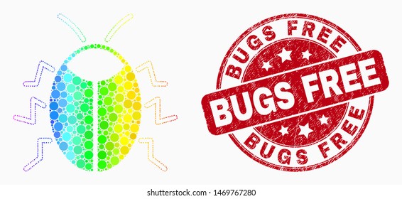 Dot rainbow gradiented bug mosaic icon and "Bugs Free" seal stamp. Red vector round scratched stamp with "Bugs Free" title. Vector collage in flat style. Colorful gradient bug mosaic of random spheres,