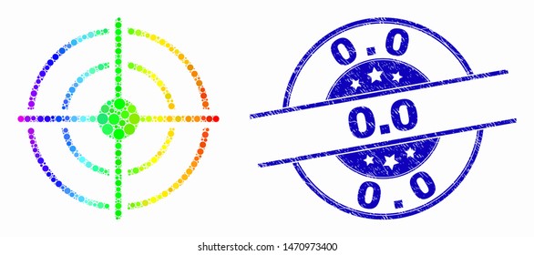 Dot rainbow gradiented bullseye mosaic icon and 0.0 seal. Blue vector round scratched seal stamp with 0.0 title. Vector collage in flat style. Bright gradiented bullseye mosaic of randomized dots,