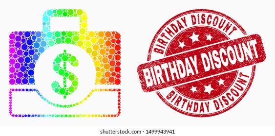 Dot rainbow gradiented business case mosaic icon and Birthday Discount seal stamp. Red vector rounded grunge stamp with Birthday Discount message. Vector combination in flat style.