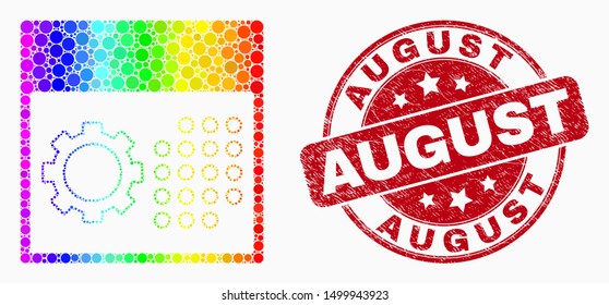 Dot rainbow gradiented calendar settings mosaic icon and August seal. Red vector rounded grunge seal stamp with August message. Vector composition in flat style.