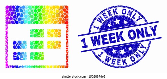 Dot rainbow gradiented calendar week items mosaic icon and 1 Week Only seal. Blue vector rounded scratched stamp with 1 Week Only message. Vector composition in flat style.