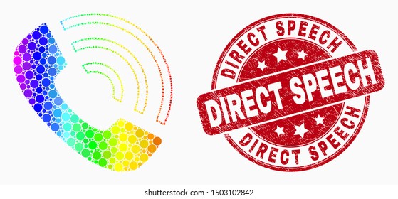 Dot rainbow gradiented call phone mosaic pictogram and Direct Speech seal stamp. Red vector rounded textured stamp with Direct Speech message. Vector combination in flat style.