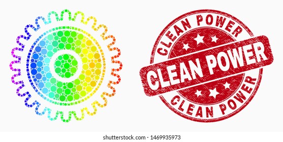 Dot rainbow gradiented cog mosaic pictogram and Clean Power seal stamp. Red vector rounded distress seal with Clean Power phrase. Vector composition in flat style.