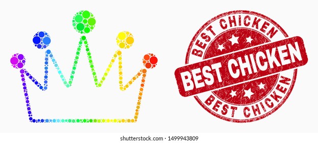 Dot rainbow gradiented crown mosaic pictogram and Best Chicken seal stamp. Red vector round distress seal stamp with Best Chicken text. Vector combination in flat style.
