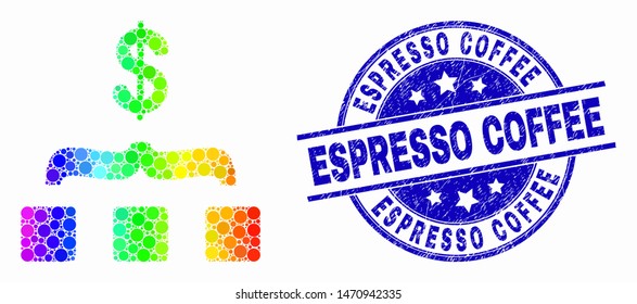 Dot rainbow gradiented dollar aggregation mosaic pictogram and Espresso Coffee seal stamp. Blue vector round distress seal with Espresso Coffee phrase. Vector collage in flat style.