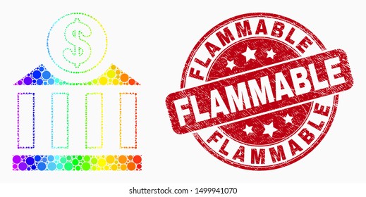 Dot rainbow gradiented dollar bank mosaic pictogram and Flammable seal stamp. Red vector round grunge seal stamp with Flammable message. Vector collage in flat style.