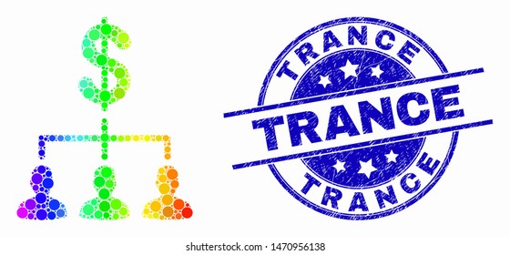 Dot rainbow gradiented dollar clients structure mosaic pictogram and Trance seal stamp. Blue vector rounded grunge seal with Trance message. Vector collage in flat style.