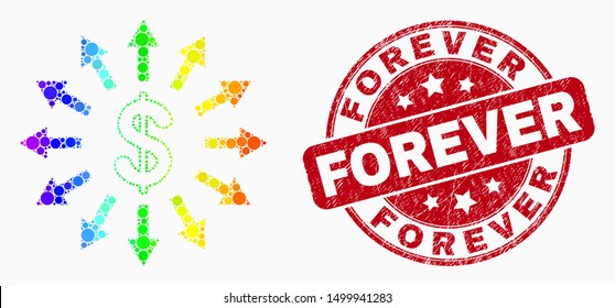 Dot rainbow gradiented dollar emission mosaic icon and Forever seal. Red vector rounded grunge stamp with Forever message. Vector combination in flat style.