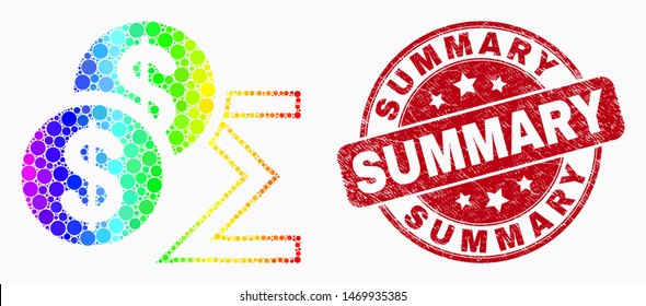 Dot rainbow gradiented dollar sum mosaic pictogram and Summary watermark. Red vector round distress watermark with Summary text. Vector combination in flat style.