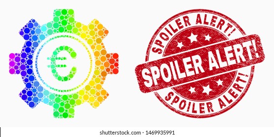 Dot rainbow gradiented euro gear mosaic icon and Spoiler Alert! seal stamp. Red vector rounded textured seal stamp with Spoiler Alert! message. Vector combination in flat style.