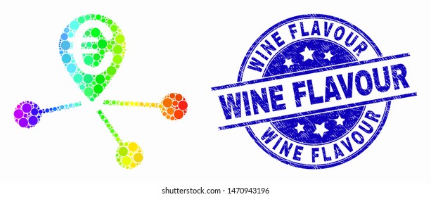 Dot rainbow gradiented euro location links mosaic pictogram and Wine Flavour watermark. Blue vector rounded grunge watermark with Wine Flavour text. Vector composition in flat style.