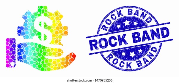 Dot rainbow gradiented financial service offer mosaic icon and Rock Band seal stamp. Blue vector rounded distress seal stamp with Rock Band message. Vector collage in flat style.