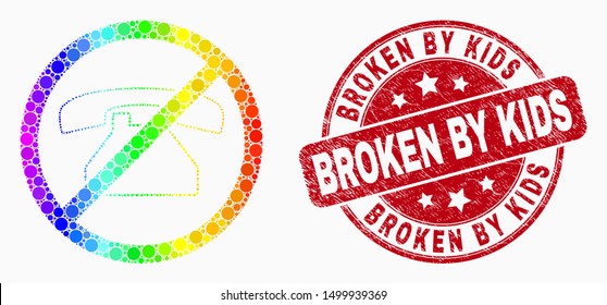 Dot rainbow gradiented forbidden phone calls mosaic pictogram and Broken by Kids stamp. Red vector rounded grunge stamp with Broken by Kids text. Vector composition in flat style.