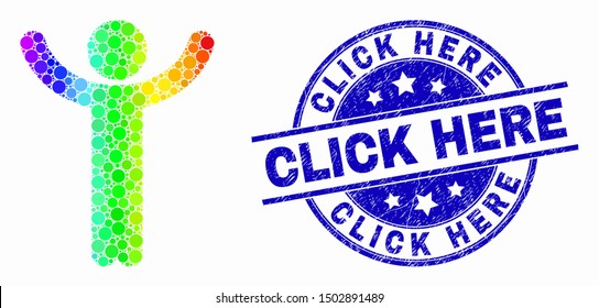 Dot rainbow gradiented hands up person mosaic icon and Click Here stamp. Blue vector rounded textured stamp with Click Here phrase. Vector composition in flat style.