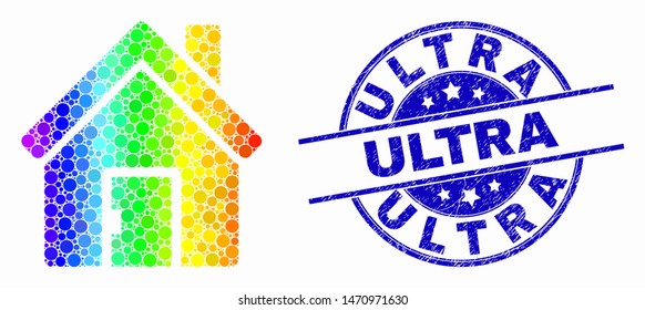 Dot rainbow gradiented home mosaic pictogram and Ultra seal stamp. Blue vector round grunge seal stamp with Ultra text. Vector combination in flat style.