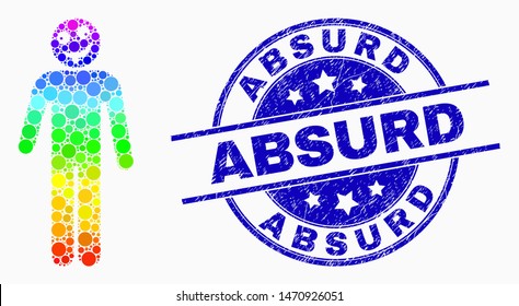 Dot rainbow gradiented idiot person mosaic icon and Absurd seal stamp. Blue vector rounded grunge seal with Absurd caption. Vector composition in flat style.