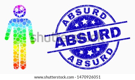 Dot rainbow gradiented idiot person mosaic icon and Absurd seal stamp. Blue vector rounded grunge seal with Absurd caption. Vector composition in flat style.