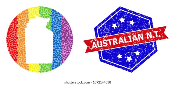 Dot rainbow gradiented map of Australian Northern Territory collage created with circle and subtracted space, and scratched seal stamp.