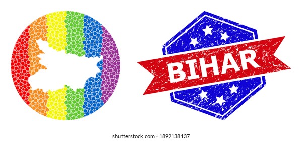 Dot rainbow gradiented map of Bihar State collage created with circle and subtracted space, and textured watermark. LGBTQ rainbow colored pixels around empty map of Bihar State.