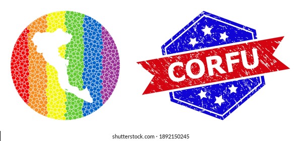 Dot rainbow gradiented map of Corfu Island collage created with circle and hole, and grunge badge. LGBT rainbow colored dots around empty map of Corfu Island.