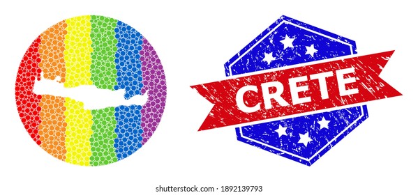 Dot rainbow gradiented map of Crete Island collage designed with circle and subtracted space, and grunge stamp. LGBT rainbow colored pixels around empty map of Crete Island.