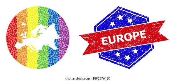 Dot rainbow gradiented map of Europe mosaic designed with circle and subtracted space, and distress seal. LGBTQ rainbow colored dots around empty map of Europe. Bicolor seal uses red and blue colors,