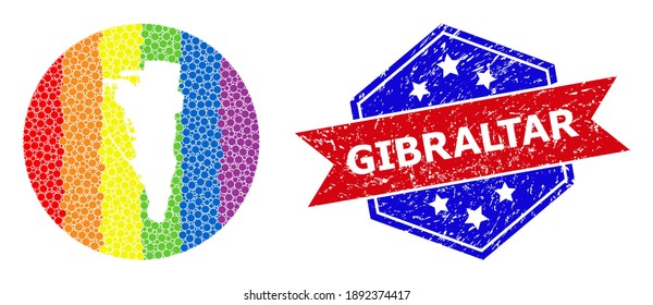 Dot rainbow gradiented map of Gibraltar collage formed with circle and subtracted space, and grunge seal stamp. LGBT rainbow colored dots around empty map of Gibraltar.