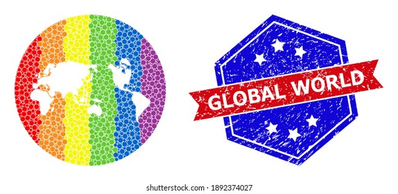Dot rainbow gradiented map of global world mosaic formed with circle and carved shape, and grunge seal. LGBTQ rainbow colored pixels around empty map of global world.