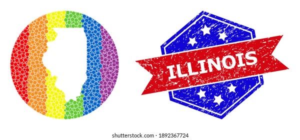 Dot rainbow gradiented map of Illinois State collage created with circle and subtracted space, and grunge stamp. LGBTQ rainbow colored pixels around empty map of Illinois State.