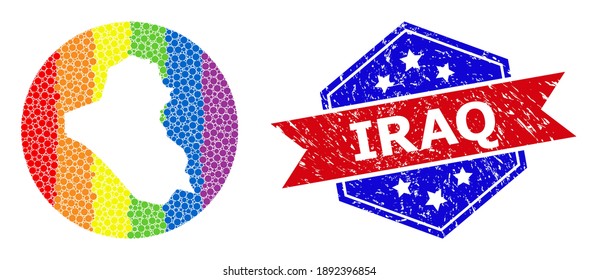 Dot rainbow gradiented map of Iraq collage composed with circle and cut out shape, and grunge watermark. LGBT rainbow colored pixels around empty map of Iraq.